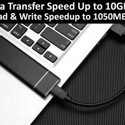 USB drive connected to a laptop with text about data transfer speeds.