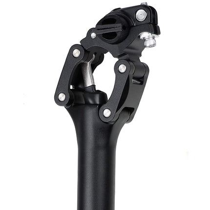Black bicycle seat post with adjustable mechanism on a white background