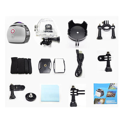 Collection of action camera accessories on a white background