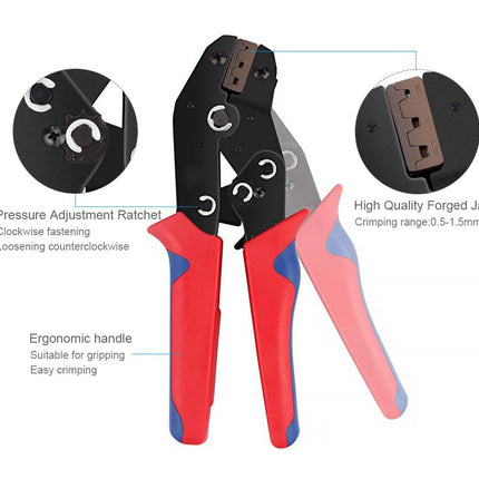 Crimping tool with features highlighted on a white background