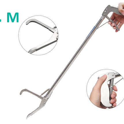 Metal tool with a long handle and curved head, held by a hand, on a white background.