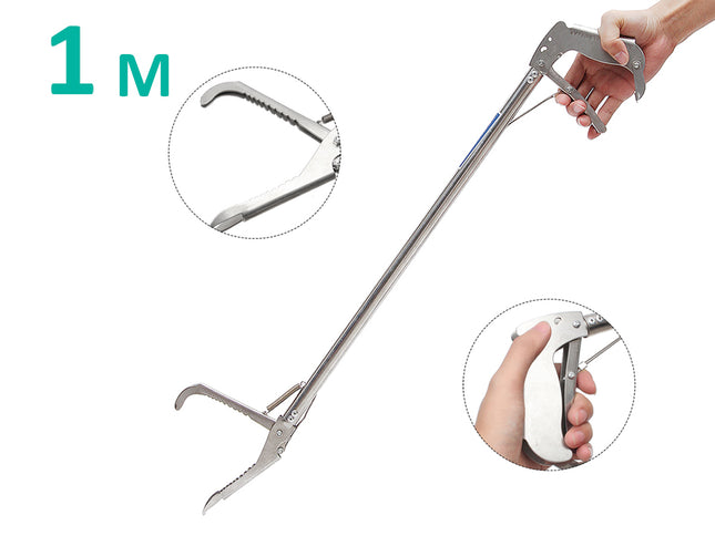 Metal tool with a long handle and curved head, held by a hand, on a white background.
