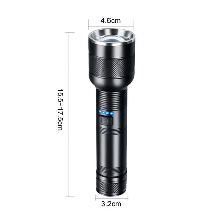 Black flashlight with dimensions labeled on a white background