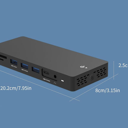 Black electronic device with ports and dimensions labeled on a blue background