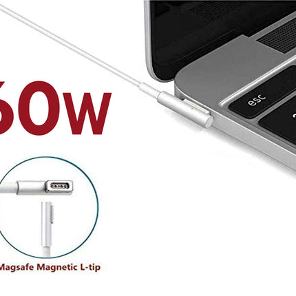 Laptop with a charging cable labeled '60W' and 'Magsafe Magnetic L-tip' on a white background.