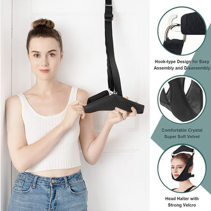 Woman holding a black head halter with product features highlighted on the right.