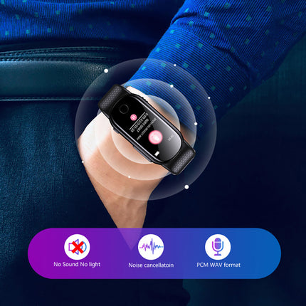 A black smartwatch band worn on a person's wrist, shown against a dark blue denim jacket background with a translucent circular overlay and feature icons along the bottom.