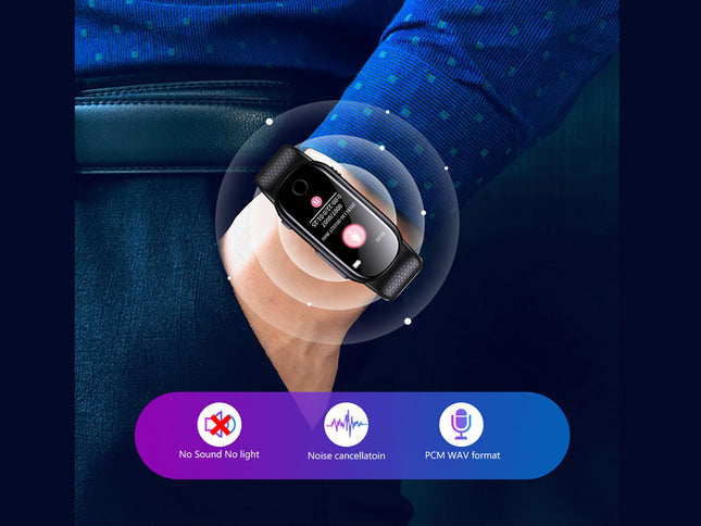 A black smartwatch band worn on a person's wrist, shown against a dark blue denim jacket background with a translucent circular overlay and feature icons along the bottom.