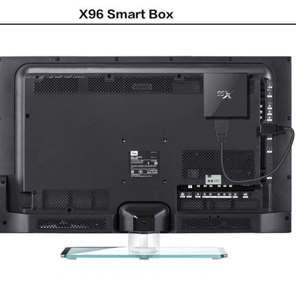 Back view of a black Smart Box device mounted on a clear glass stand, shown against a white background with the text 'X96 Smart Box' at the top.