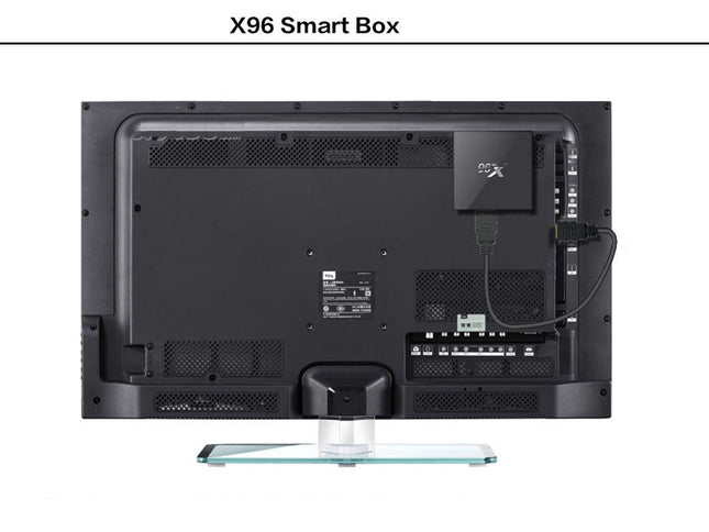 Back view of a black Smart Box device mounted on a clear glass stand, shown against a white background with the text 'X96 Smart Box' at the top.