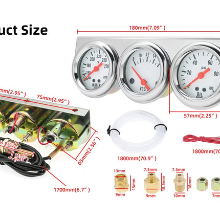 Measurement chart of a three-gauge set with dimensions and accessories on a white background