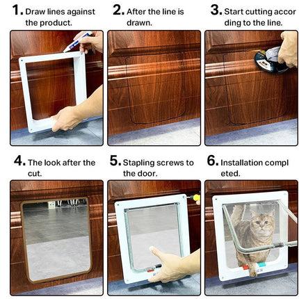 Step-by-step guide on installing a pet door with images of the process.