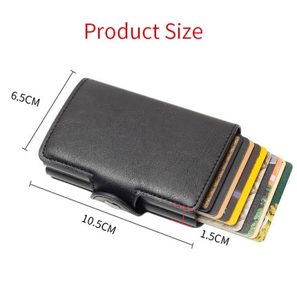 Black wallet with cards and size measurements on a white background
