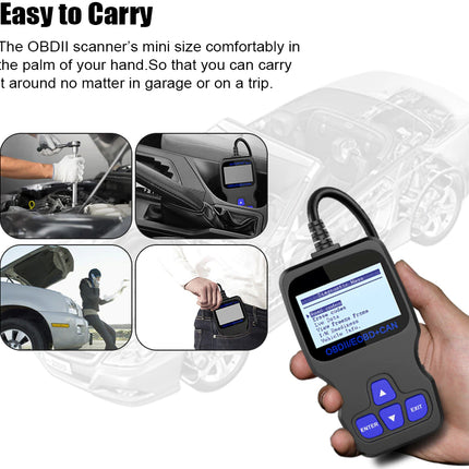 A handheld OBDII scanner device with a small screen and blue buttons is shown in a human hand, with marketing text and four inset photos demonstrating its compact size and use in cars and vehicles.