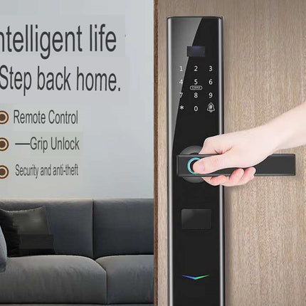 Digital door lock with hand unlocking it, promotional text on a wall.
