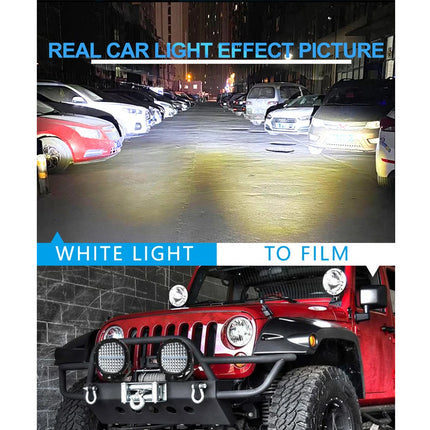A composite promotional image showing a red Jeep with off-road tires and a black front bumper guard in a real parking-lot environment at night, with text overlays reading 'REAL CAR LIGHT EFFECT PICTURE', 'WHITE LIGHT', and 'TO FILM'.