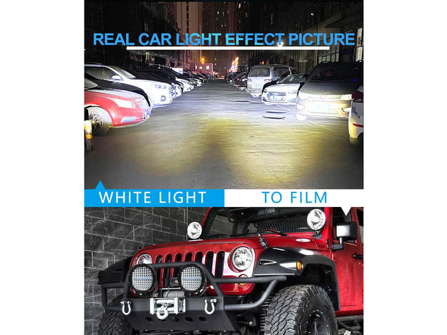 A composite promotional image showing a red Jeep with off-road tires and a black front bumper guard in a real parking-lot environment at night, with text overlays reading 'REAL CAR LIGHT EFFECT PICTURE', 'WHITE LIGHT', and 'TO FILM'.