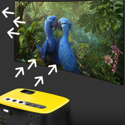 Portable projector displaying a scene with two blue parrots in a jungle setting.