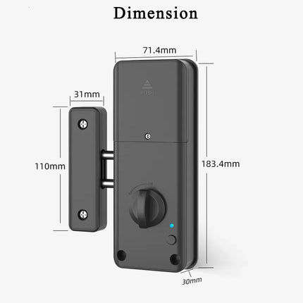 Black door lock with dimensions labeled on a white background