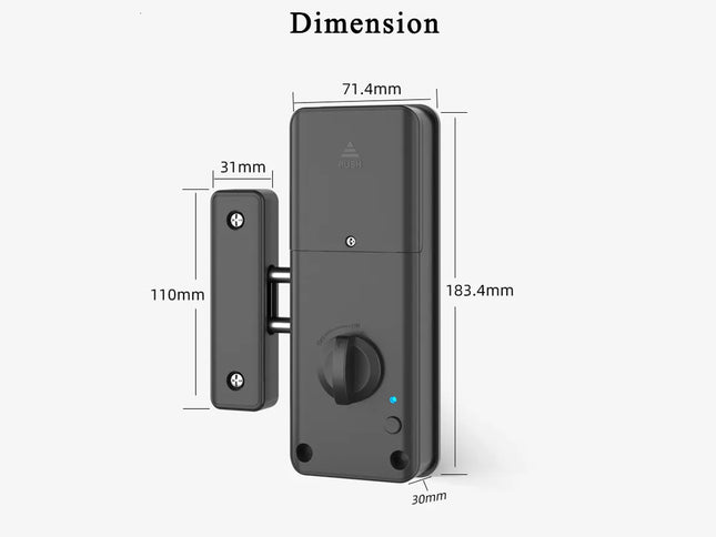 Black door lock with dimensions labeled on a white background