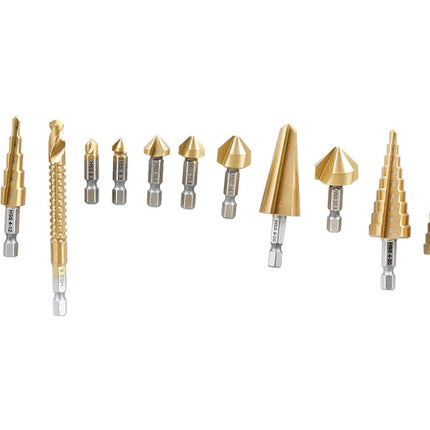 A 10-piece drill bit set featuring a gold-colored brass twist drill bit, a spade bit, a core drill bit, and seven step drill bits in graduated sizes, all arranged horizontally on a plain white background.