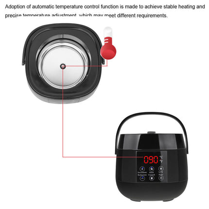 Black rice cooker with digital display and temperature control illustration on a white background
