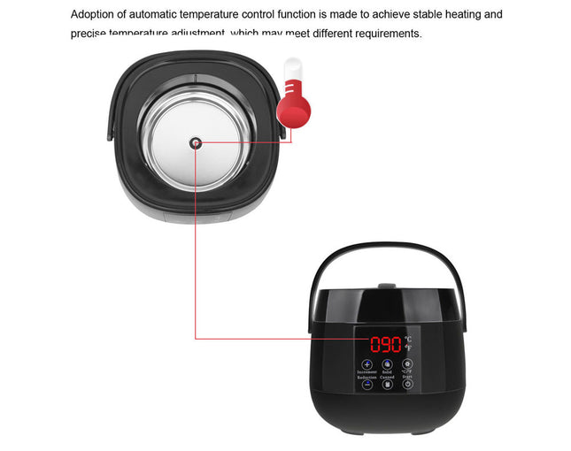 Black rice cooker with digital display and temperature control illustration on a white background