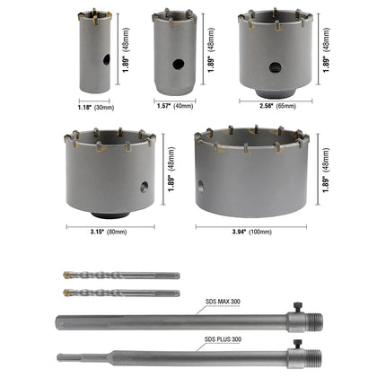 Set of hole saws with measurements on a white background