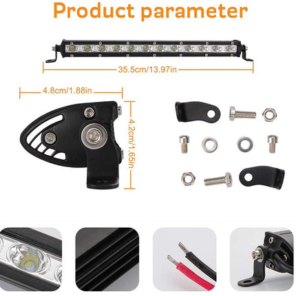 Product parameter chart with LED light bar and mounting hardware on a white background