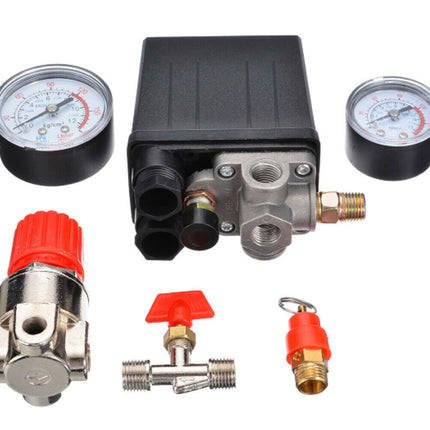 Air pressure regulator kit with gauges and connectors on a white background