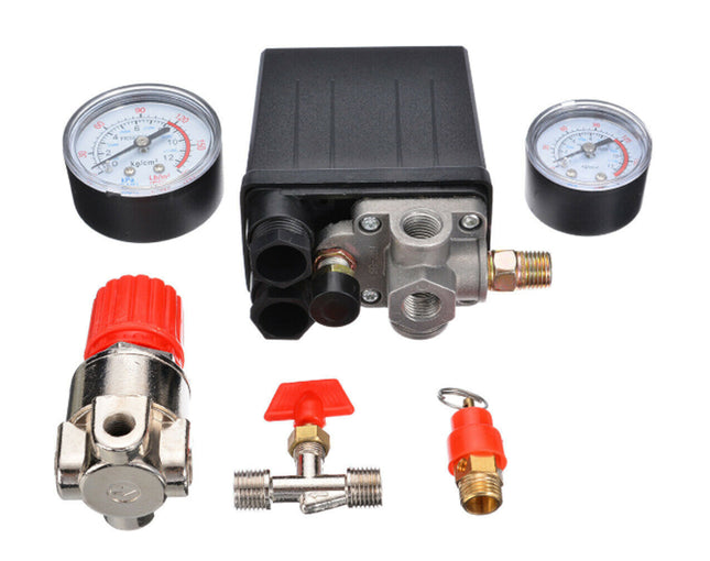 Air pressure regulator kit with gauges and connectors on a white background