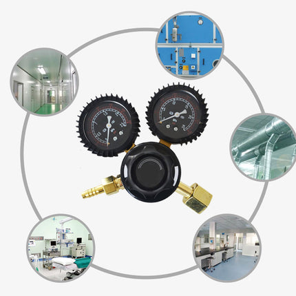 Gas regulator with circular images of industrial settings around it