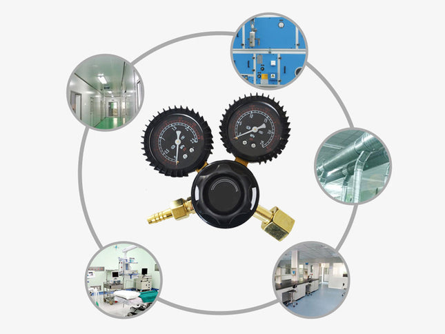 Gas regulator with circular images of industrial settings around it