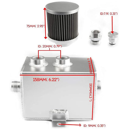 Silver aluminum engine block with red dimension lines and text showing measurements, plus a separate black pleated air filter and two metal fittings above it on a white background.