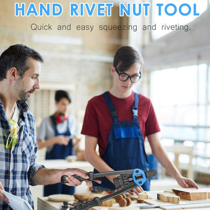 Two men working with a hand rivet nut tool in a workshop setting.