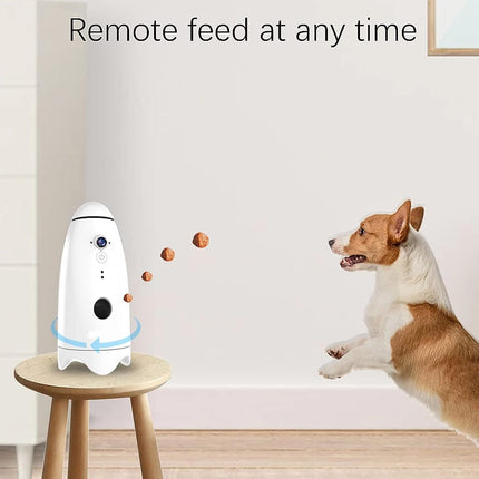 Dog interacting with a remote pet feeder in a room.