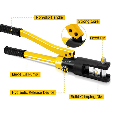 Yellow and black hydraulic crimping tool with callout labels pointing to the non-slip handle, strong core, fixed pin, large oil pump, hydraulic release device, and solid crimping die on a white background.