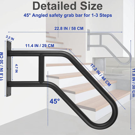 Detailed measurement chart of a 45-degree angled safety grab bar for stairs.
