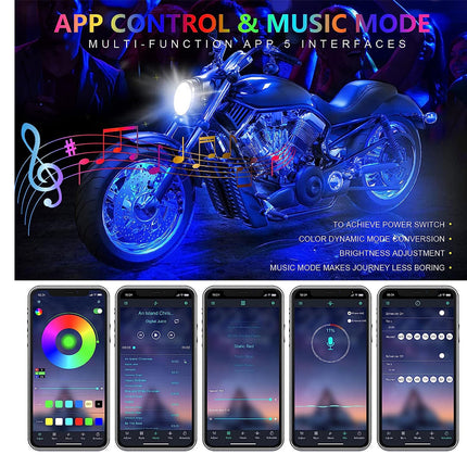 Promotional graphic for a music and app control interface, featuring a blue-lit motorcycle under colorful neon-style graphics, with text reading 'APP CONTROL & MUSIC MODE' and five smartphone screen previews showing the control app interface.