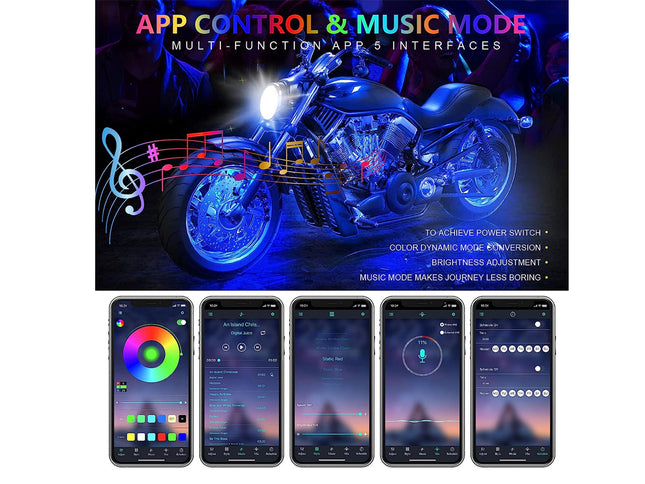 Promotional graphic for a music and app control interface, featuring a blue-lit motorcycle under colorful neon-style graphics, with text reading 'APP CONTROL & MUSIC MODE' and five smartphone screen previews showing the control app interface.