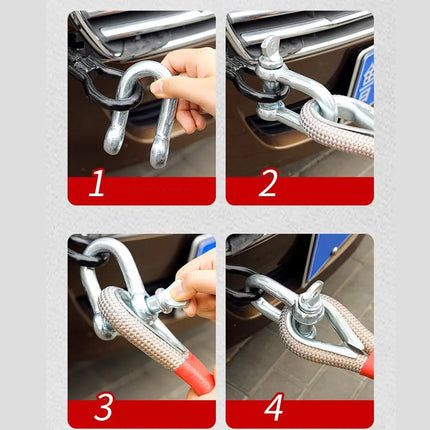 Four-panel instruction diagram showing how to install a metal car hitch receiver and braided tow strap. Each panel is labeled 1 through 4 with a hand visible connecting the hardware to a vehicle receiver.