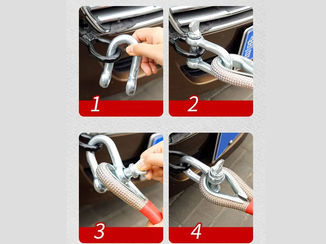 Four-panel instruction diagram showing how to install a metal car hitch receiver and braided tow strap. Each panel is labeled 1 through 4 with a hand visible connecting the hardware to a vehicle receiver.
