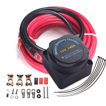 Smart battery isolator with wiring kit on a white background
