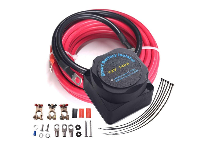 Smart battery isolator with wiring kit on a white background
