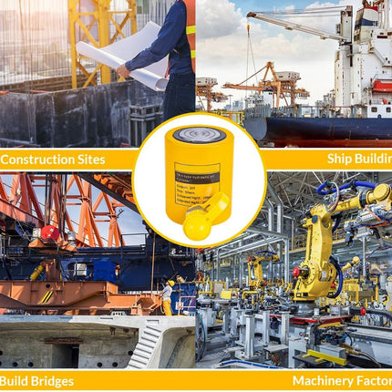 Collage of construction sites, ship building, and machinery factory with a yellow hydraulic jack in the center.