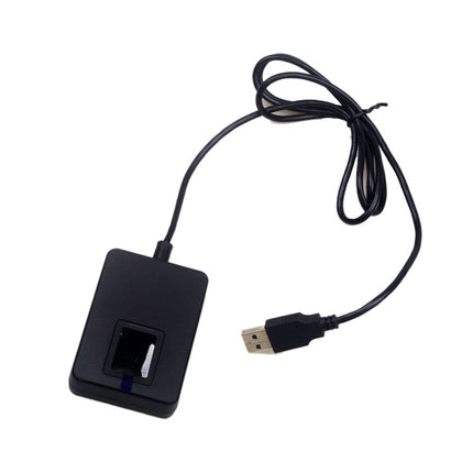Black USB fingerprint reader with cable on a white background