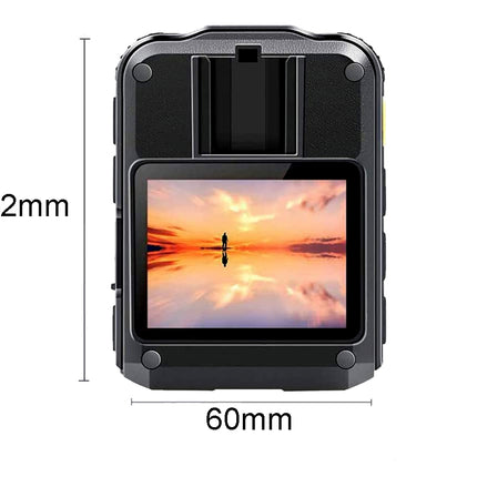 Black rugged device with a screen displaying a sunset reflection, measurements indicated on a white background.