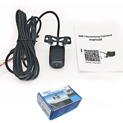A black reversing camera kit with a coiled cable, a small black camera module, a white user manual, and its blue retail box on a white background.