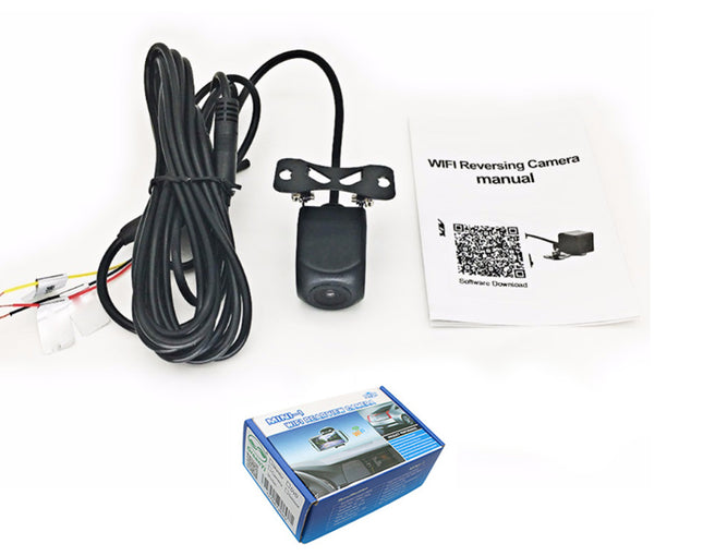 A black reversing camera kit with a coiled cable, a small black camera module, a white user manual, and its blue retail box on a white background.