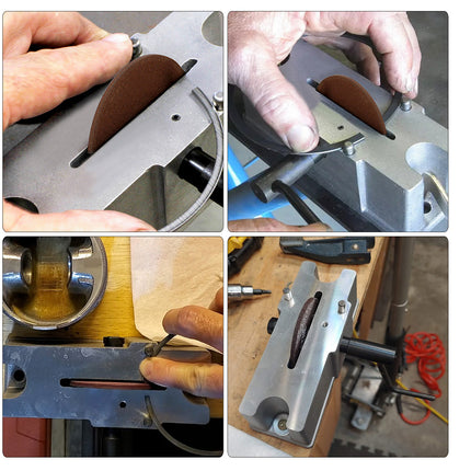 Collage of a person using a tool with a circular component on a white background